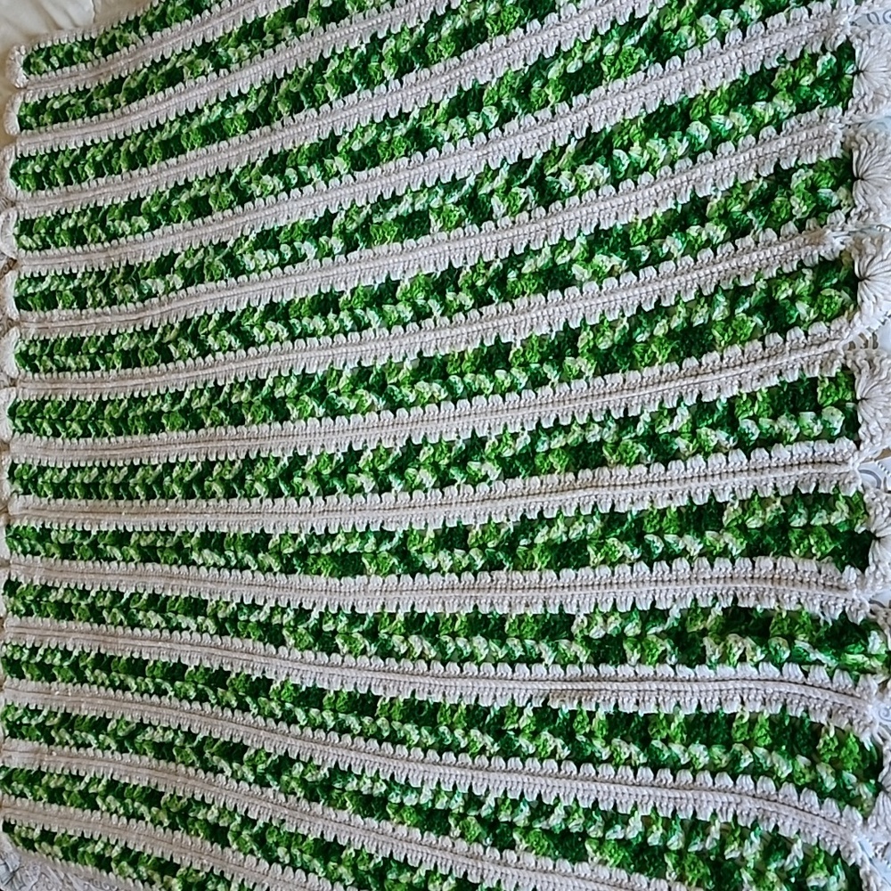 Vintage Crochet Throw Blanket Grannycore Handmade Cozy Green & Cream 70s Cabin